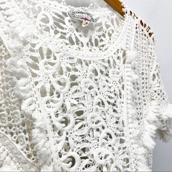 Anthropologie Baraschi Crochet lace Fringe short sleeve ivory cotton Top Sz S - Picture 5 of 8
